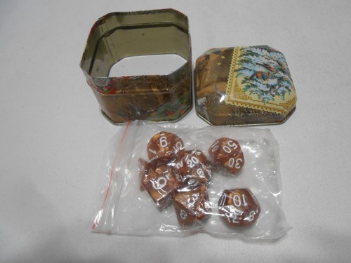 Vintage 7 pieces Dungeons & Dragons Bronze copper gold Dice in tin canister NICE