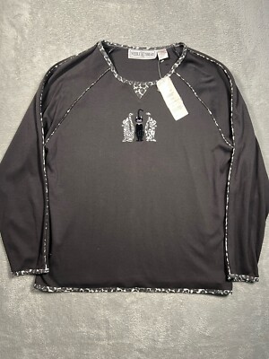 Needle & Threads Womens L Cats Theme Long Sleeve Black Pullover Top