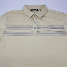 Travis Mathew Large Yellow Gray Striped Short Sleeve Golf Polo Shirt