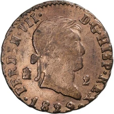 [#132297] Spain, Ferdinand VII, 2 Maravedis, 1829, Segovia, Copper, VF