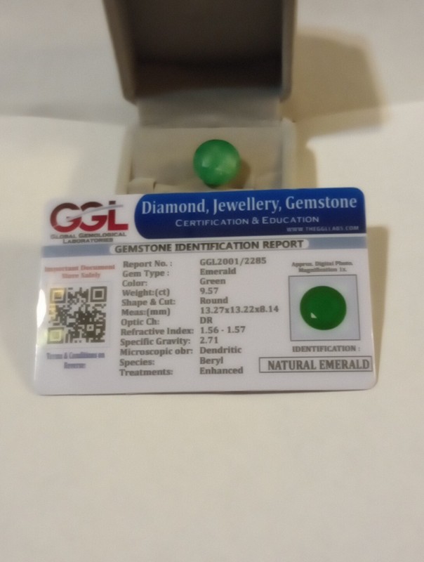 NATURAL EARTHMINED GGL CERTIFIED GEM TESTED HEATED ROUND GREEN EMERALD 9.57 CTS.