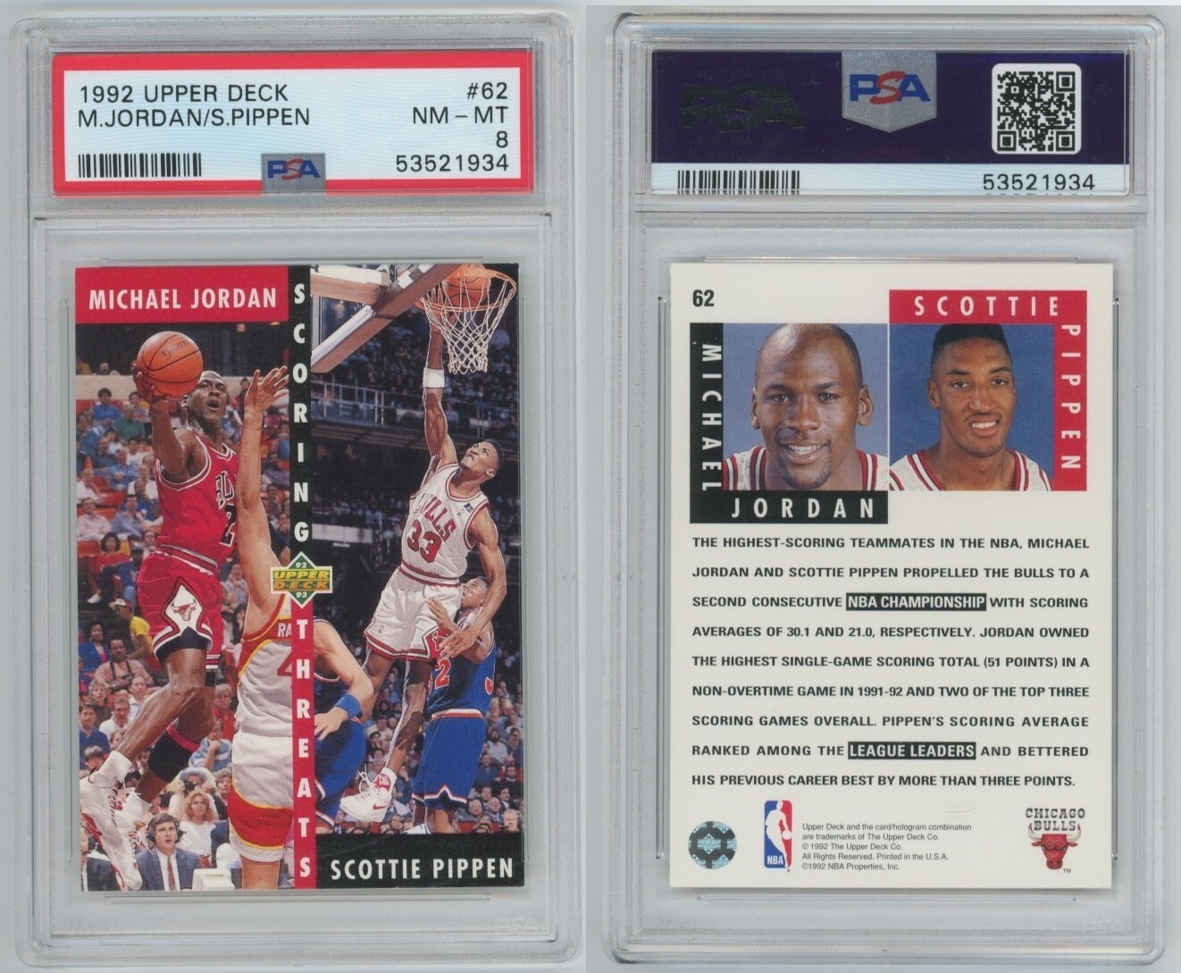 1992-93 Upper Deck #62 Michael Jordan, Scottie Pippen PSA 8 NM-MT