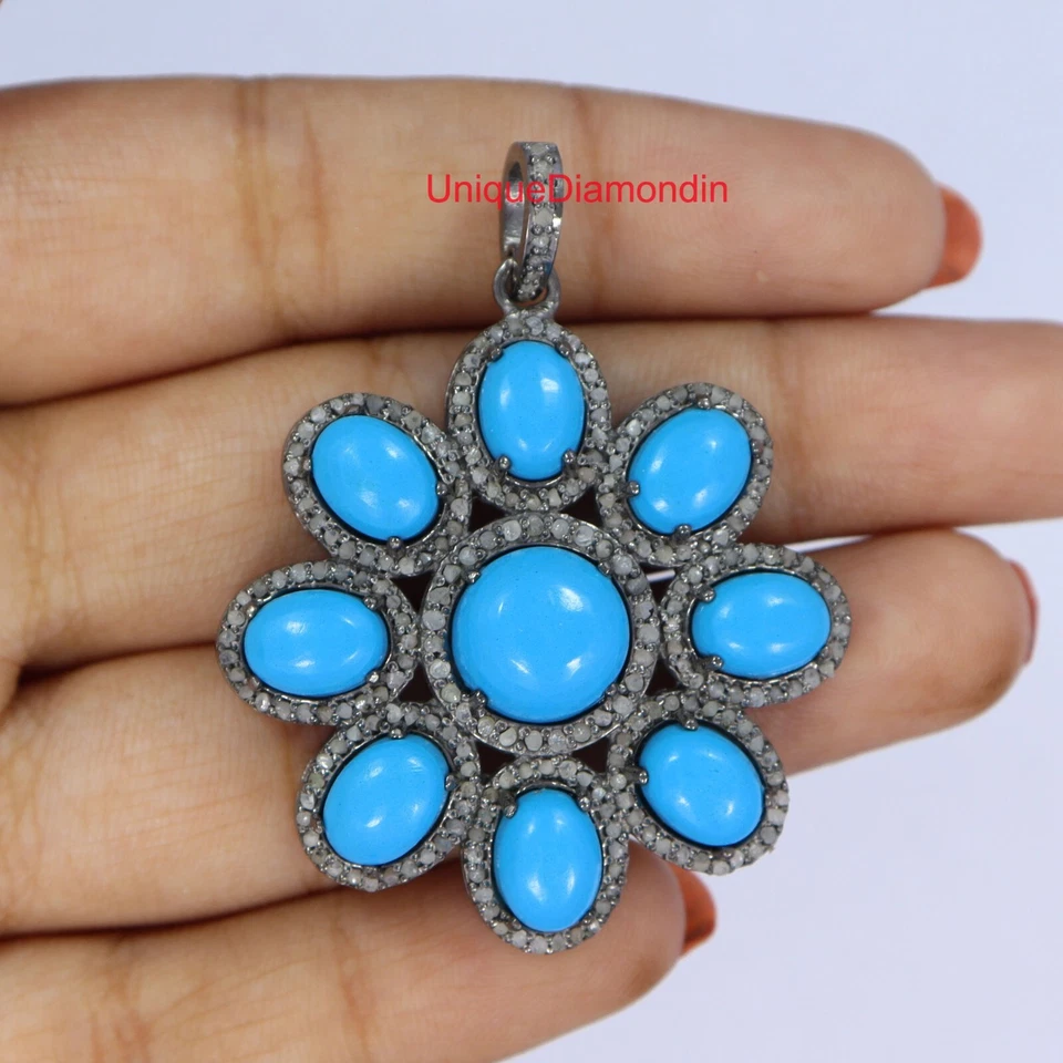 Colgante grande de plata esterlina 925 hecho a mano con diamantes pavé natural turquesa Foto 4 de 4