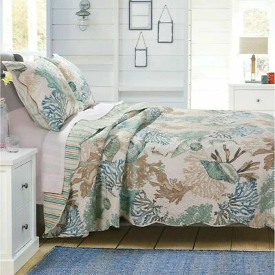 QUALITY BEAUTIFUL BEACH BLUE TEAL AQUA WHITE BROWN TROPICAL CORAL SEA SHELL QUILT SET