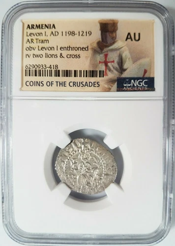 Levon I Armenia NGC AU Silver Tram Medieval Knights Templar Crusader Cross Lion