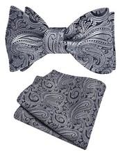 Mens Retro Paisley Self Tied Bow Tie for Wedding Silk Woven Gray Black Bow ti...