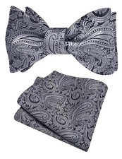 Mens Retro Paisley Self Tied Bow Tie for Wedding Silk Woven Gray Black Bow ti...