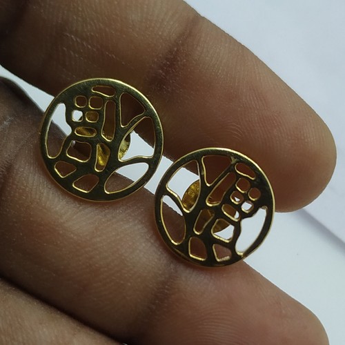 Lucky Chinese Fu Symbol Stud Earrings 14K Yellow Gold Plated Silver Women's - Picture 9 of 12