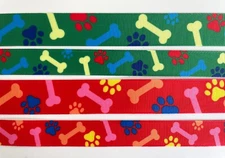 Dog paws bones Grosgrain ribbon red kelly green 5/8" 7/8" 