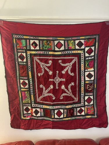 Antique Vintage Embroidered Uzbek Wall Hung Patchwork Tapestry, 92x97cm