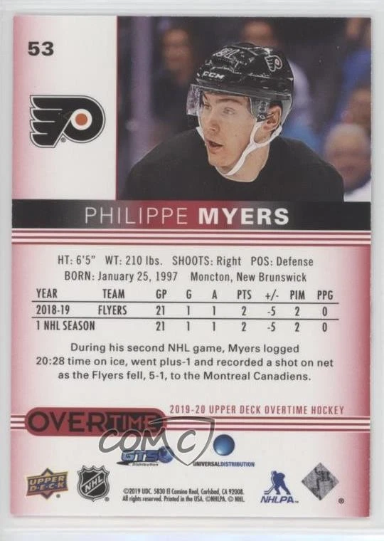 2019-20 Upper Deck Overtime Red Foil /99 Philippe Myers #53 Rookie RC - Image 2 of 2