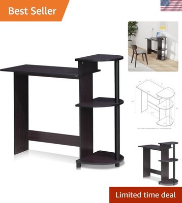 Compact Dark Walnut Gaming Desk with 3 Open Shelves   Stylish & Functional