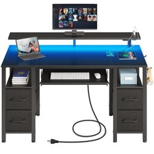 Seventable Computer Desk 55.1" with LED Lights  Power Outlets, Home Office D...