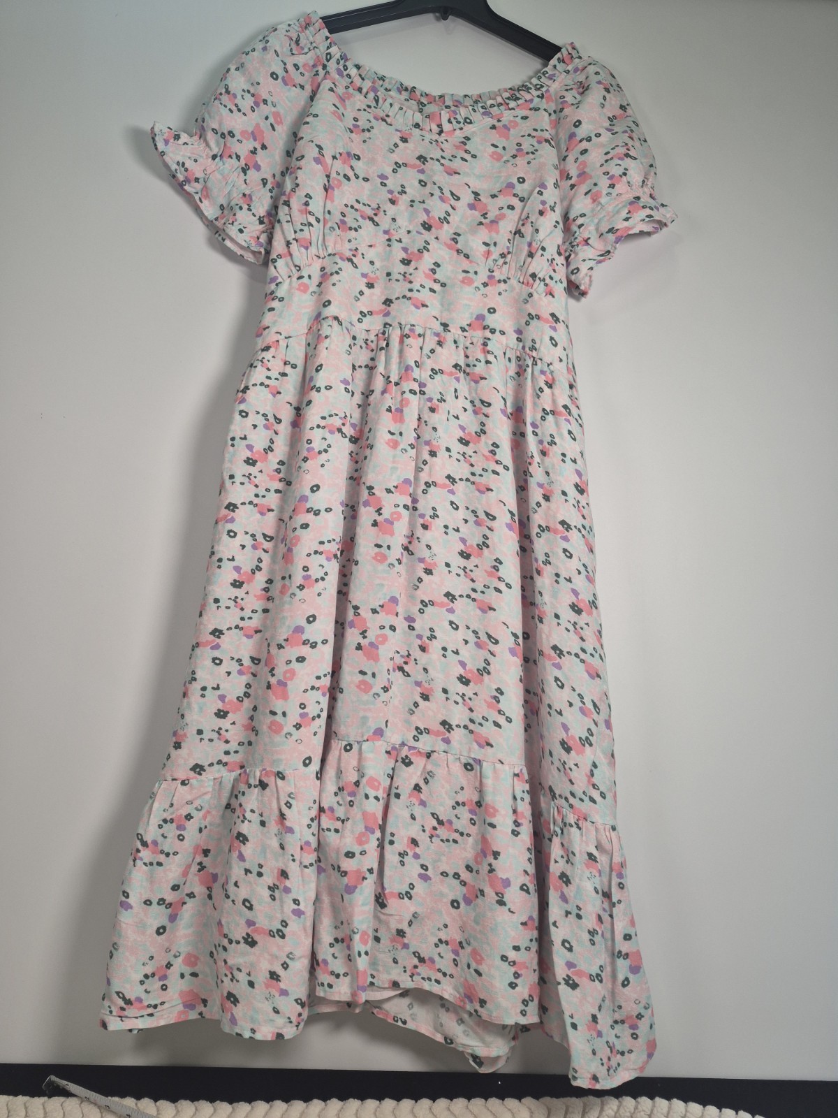 Ivy City Co. Pink Floral Puff Short Sleeve Ruffle Fit & Flare Midi Dress 2X