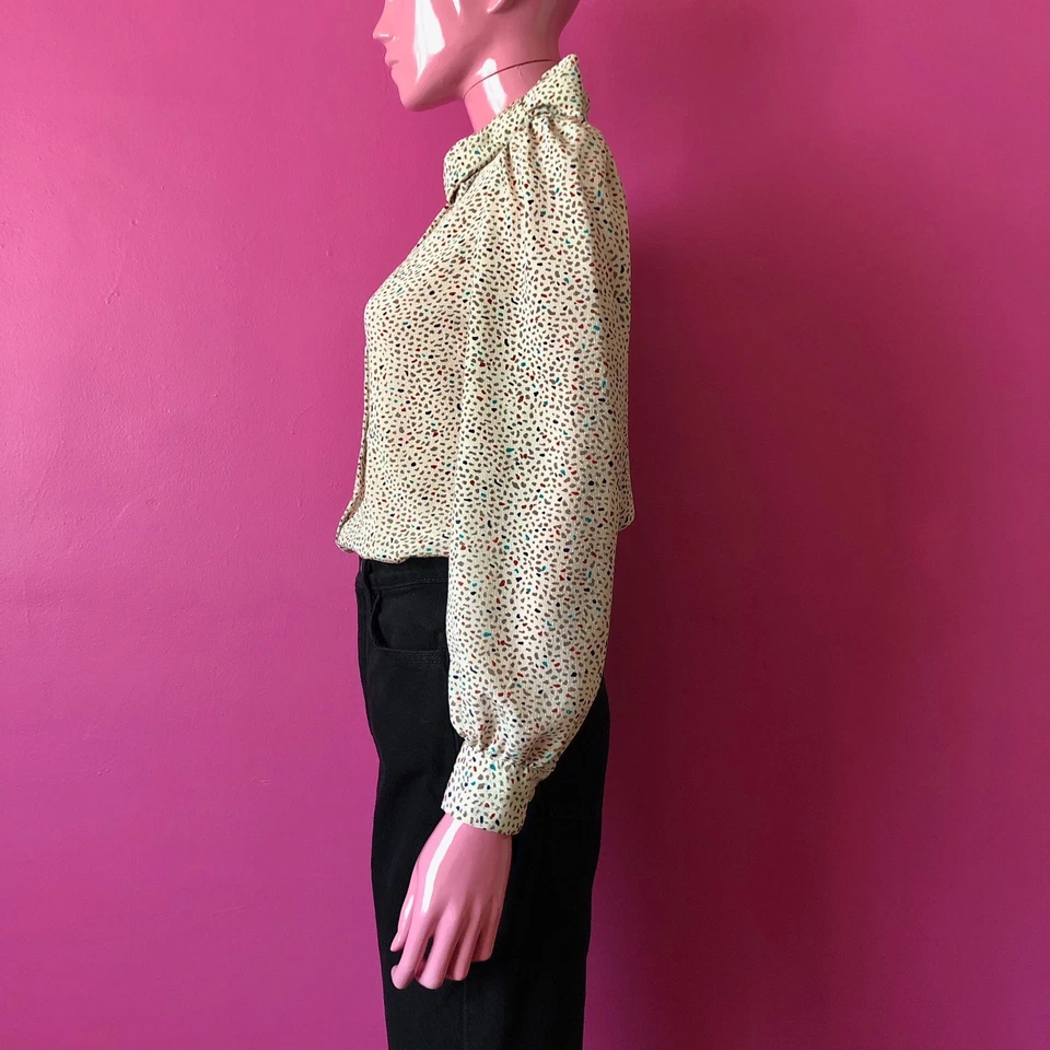 Blusa Top Camisa de Vestir Top Vintage Años 80 SP Satén Lazo Confeti Manga Larga Beige Crema Foto 3 de 4