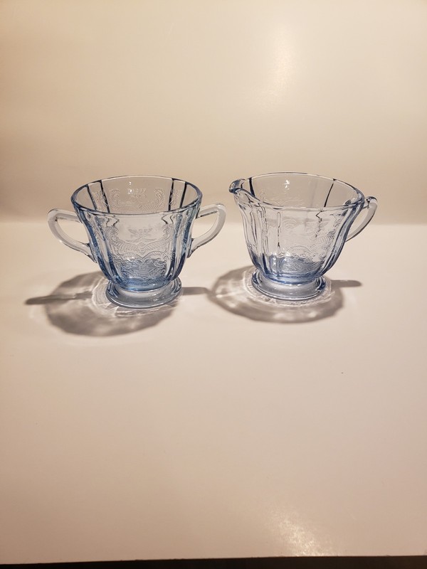 Vintage Indiana Blue Glass Creamer And Open Sugar Bowl Footed, Madrid Pattern