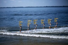 1956 Cypress Gardens Lady Water Skiers w/Flags 1950s Red Border Kodachrome Slide