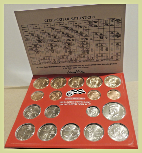 Kursmünzensatz US Mint 2009 mit D & P Prägestätten je 18 Münzen mit Echtheitszertifikat