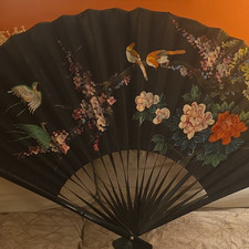 Original Japanese Folding Fan, Black Paper, Painted Birds Flowers 35in.x65in.