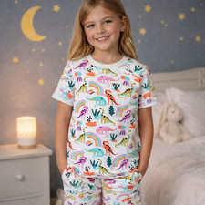    Hanna Andersson Dino Rainbow Short John Pajamas Set Size 8  Organic Cotton
