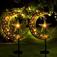 2 Pcs Ramadan Solar Lights Ramadan Decorations Outdoor Mubarak Star Moon Sola...