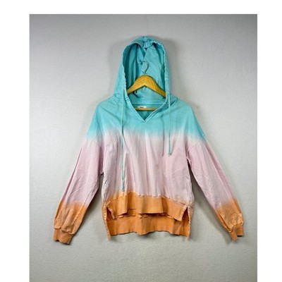 Tie Dye Hoodie Aqua Pink Orange V Neck Long Sleeve Pullover Sweatshirt Size L