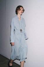Zara Woman Striped Wrap Midi Dress M Blue Cotton Blend Adjustable Tie NWT