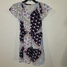 LOFT Patchwork Button up Dress Sz Medium Comfy Western Boho Navy Blue Paisley