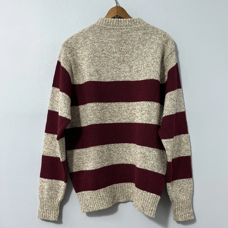 Vintage LL Bean Sweater Mens Large Beige Burgundy Stripe Wool Made USA 80s - Image 4 of 4