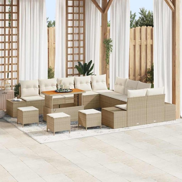 14-Teilige Garten Sofa Set Mit Kissen Beige Poly Rattan Akazie, 2-Sitzer Garten-image