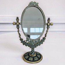 Vintage Brass Oval Vanity Makeup Desk Mirror, Enameled Metal Jeweled Tabletop