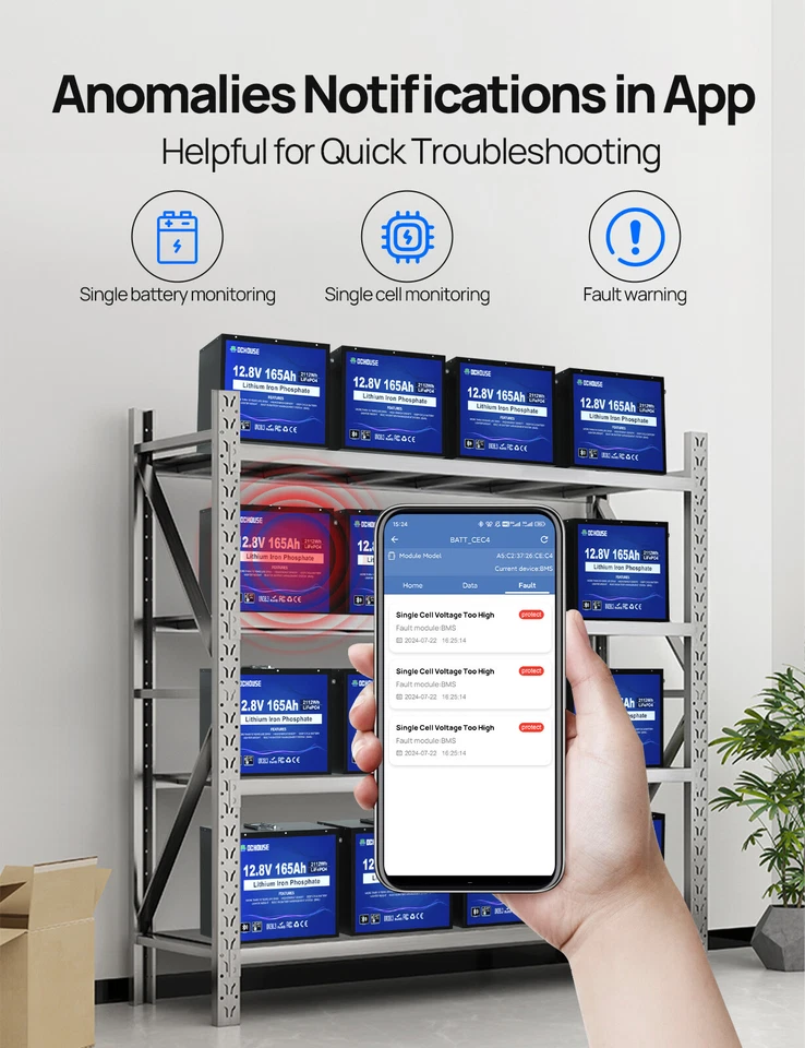 Batería de Litio 12V 165Ah LiFePO4 Bluetooth Monitoreo Estuche de Metal para RV Solar Foto 3 de 4
