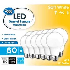 Great Value LED Light Bulb 9 Watts Soft White A19 Bulb 12 Bulbs 