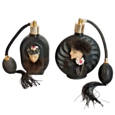 2 Vtg Art Deco Style Perfume Bottle Atomizer ALBERT E PRICE Matte Black Glass