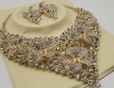 Bridal PROM Wedding Jewelry Gold tone Flower Crystal Necklace Earrings Set