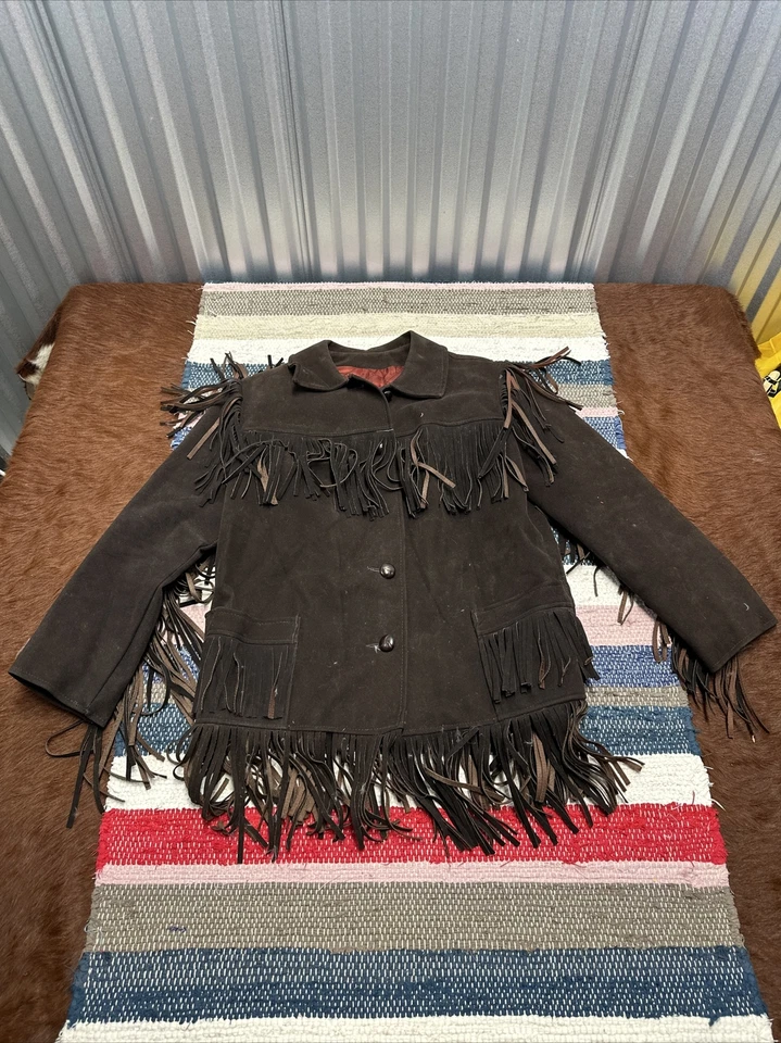 Abrigo bombardero vintage Le Sauvage con flecos para hombre marrón vaquero occidental microgamuza Foto 4 de 4