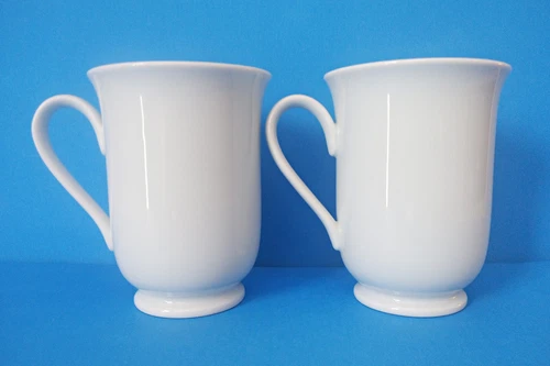 Set of (2) Pottery Barn PB White Porcelain 4 1/2" Footed Coffee Tea Cocoa Mugs