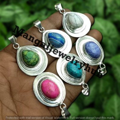 Rainbow Calsilica & Mix Gemstone 5PC Pendants Lot 925 Silver Plated Bulk Jewelry