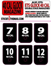FITS GLOCK 40 CAL WHITE NUMBERED 7-12 MAGAZINE BASE PLATE STICKERS,set of 6