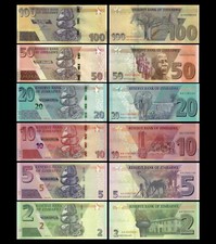 Set of 6 Zimbabwe 2 5 10 20 50 100 Dollars Revised Hybrid Banknotes UNC