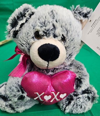 Tom's Toys Gray Bear Pink Heart Valentines Day Plush Animal Pink Bow Very Soft