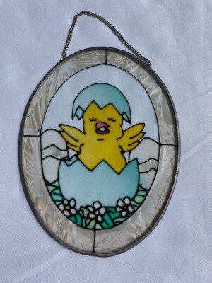 SUN CATCHER ORNAMENT SET HATCHING BABY CHICK 3 SPRING EASTER DECOR STAINED GLASS