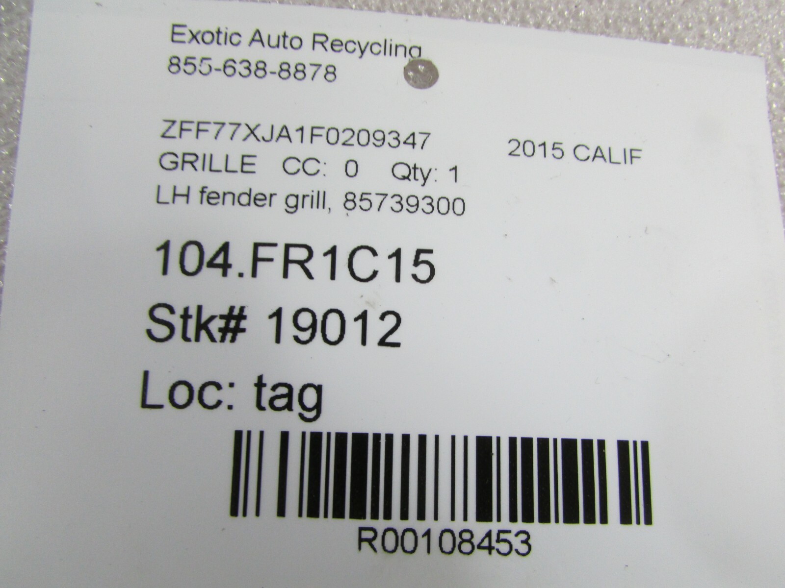Ferrari California T, LH, Left Fender Grill, Used, P/N 85739300