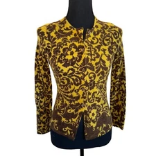 Carol Little Lambs Wool Angora Cardigan Mustard Yellow Brown Paisley Sweater S