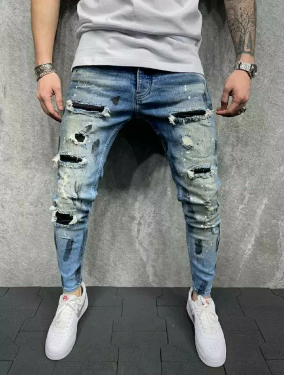 Udseende sår Jeg har en engelskundervisning Blue Men Fashion skiny slim Ripped denim Jeans | eBay