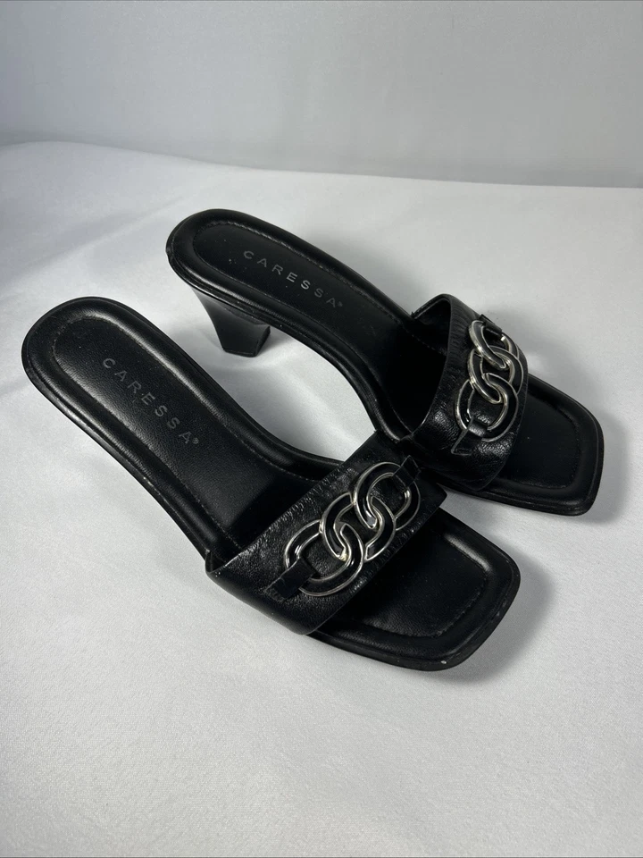 ZAPATOS DE TACÓN CARESSA PARA MUJER NEGROS DE 2 1/2 PULGADAS TALLA 7 Sandalia Punta Abierta Hebilla Bling Foto 2 de 4