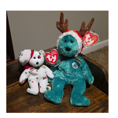 Ty Jingle Beanies Holiday Bear 1998 & Holiday Reindeer bear 2002 Plush Lot of 2