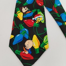VTG 1995 Looney Tunes Mania Christmas Lights Silk Tie Bugs Taz Tweety Porky 90s