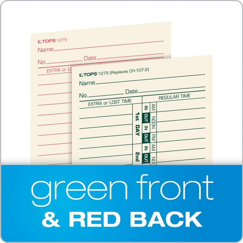 Time Cards, Bi-Weekly, 2-Sided, Numbered Days, 3-1/2" x 9", Manila, Green/Red... - Picture 4 of 6