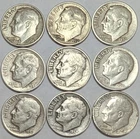 90% Silver Roosevelt Dime Lot - 9 Coins - Mixed Dates and Mints - Junk Silver